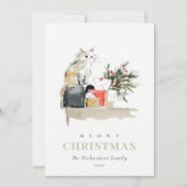 可愛いフォトウォーターカラーミョイのクリスマスプレゼント猫 シーズンカード (正面)