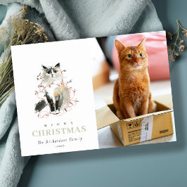 可愛いフォトウォーターカラーミョイのクリスマスライトキャット シーズンカード