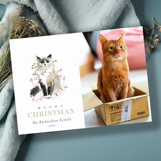 可愛いフォトウォーターカラーミョイのクリスマスライトキャット シーズンカード