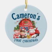 可愛いフォトクリスマスファーム動物オンブルー セラミックオーナメント (正面)