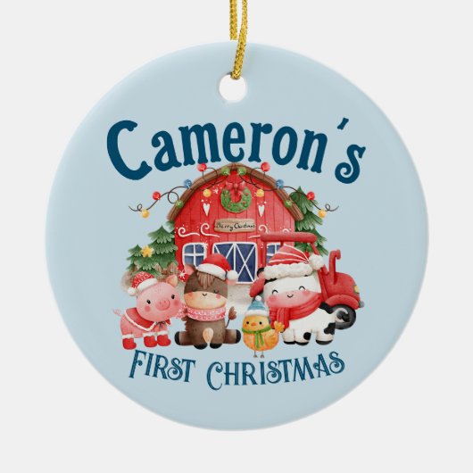 可愛いフォトクリスマスファーム動物オンブルー セラミックオーナメント (正面)