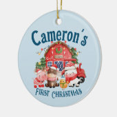 可愛いフォトクリスマスファーム動物オンブルー セラミックオーナメント (左)