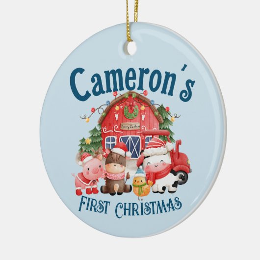 可愛いフォトクリスマスファーム動物オンブルー セラミックオーナメント (左)