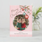 可愛いフォトピンクストライプ色の水彩メリークリスマス シーズンカード (スタンド正面)
