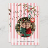 可愛いフォトピンクストライプ色の水彩メリークリスマス シーズンカード (正面/裏面)