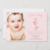 可愛いフォトピンクフローラガールの誕生日パーティー 招待状 (正面)