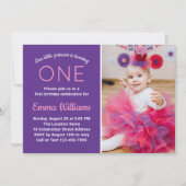 可愛いフォトピンク紫プリンセスガール1st誕生日 招待状 (正面)