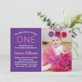 可愛いフォトピンク紫プリンセスガール1st誕生日 招待状 (スタンド正面)