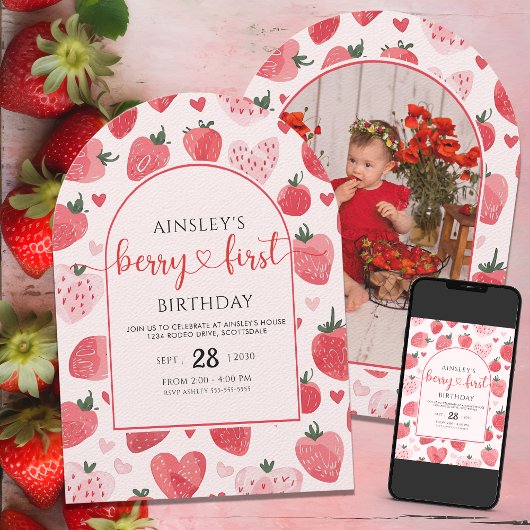 可愛いフォトベリーファースト誕生日1歳 招待状