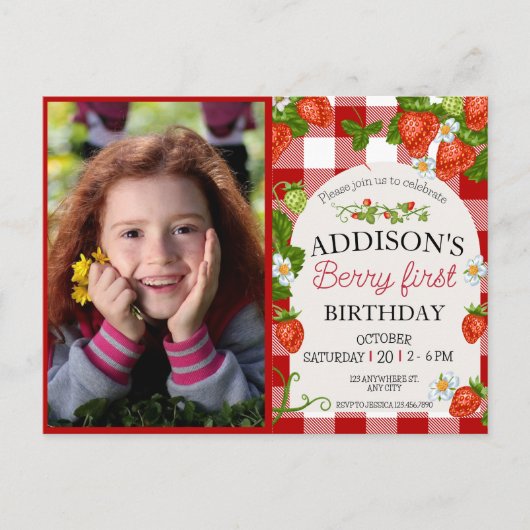 可愛いフォトレッドブルーベリー甘い1st誕生日 ポストカード (正面)