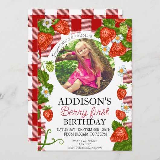 可愛いフォトレッドブルーベリー甘い1st誕生日 招待状 (正面/裏面)