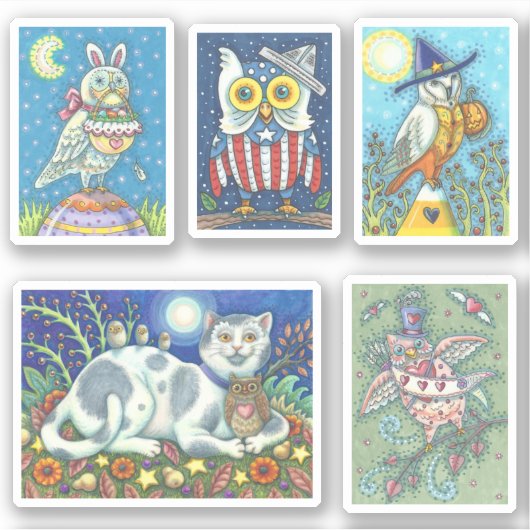 可愛いフォークアートバードお洒落ホリデーフクロウアート シール (正面)