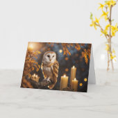 可愛いフクロウのキャンドルと紅葉の秋分の日 カード (黄色い花)