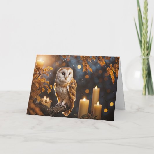 可愛いフクロウのキャンドルと紅葉の秋分の日 カード (正面)