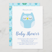 可愛いフクロウの赤ちゃんが青い鳥をシャワー 招待状 (正面/裏面)