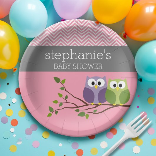 可愛いフクロウオンブランチ – ピンクベビーガールシャワー ペーパープレート