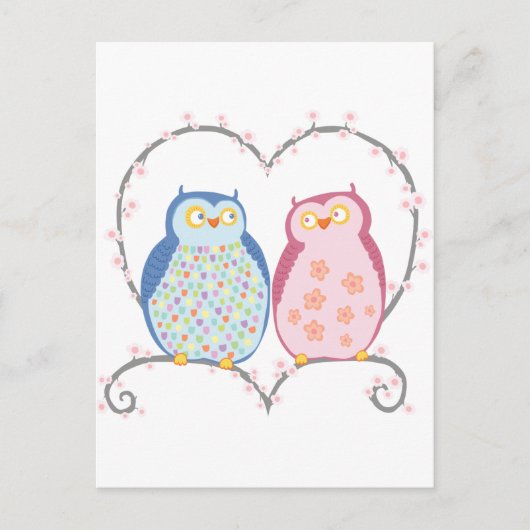 可愛いフクロウズインラブハートピンクブルークリップアート ポストカード (正面)
