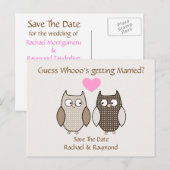 可愛いフクロウズウェディング日付のポストカードを保存 案内ポストカード (正面/裏面)