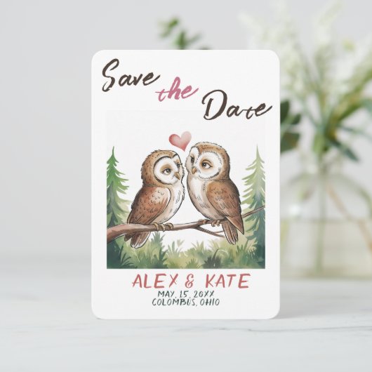 可愛いフクロウズ結婚式の日付発表を保存 セーブザデート (スタンド正面)