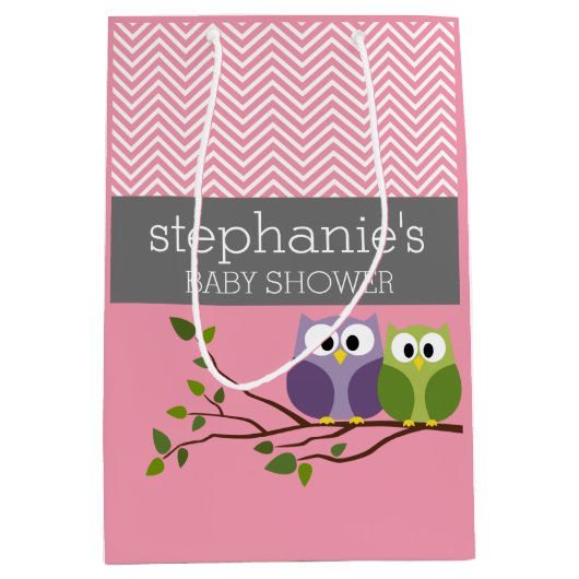 可愛いフクロオンブランチベビーガールシャワーピンク ミディアムペーパーバッグ (正面)