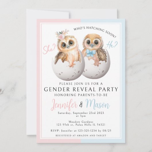 可愛いフクロピンクのブルー性別がパーティの招待状 招待状 (正面)