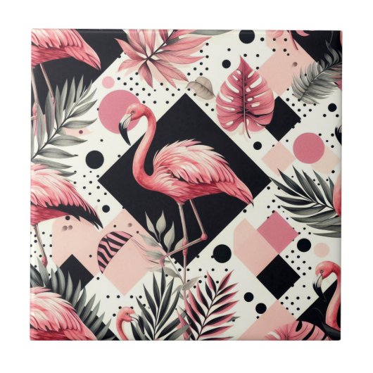 可愛いフラミンゴ幾何学模様 タイル (正面)