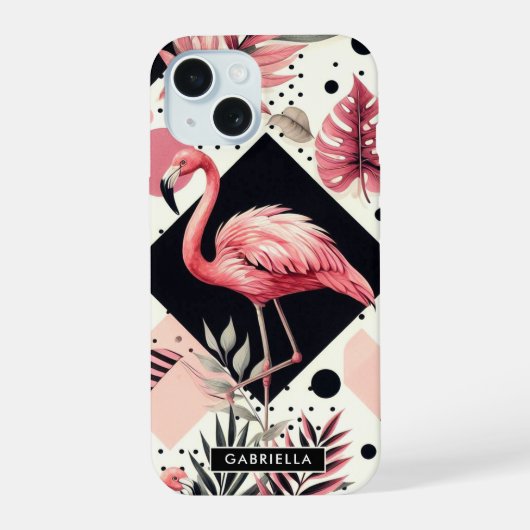 可愛いフラミンゴ幾何学模様 iPhone 15ケース (裏面)