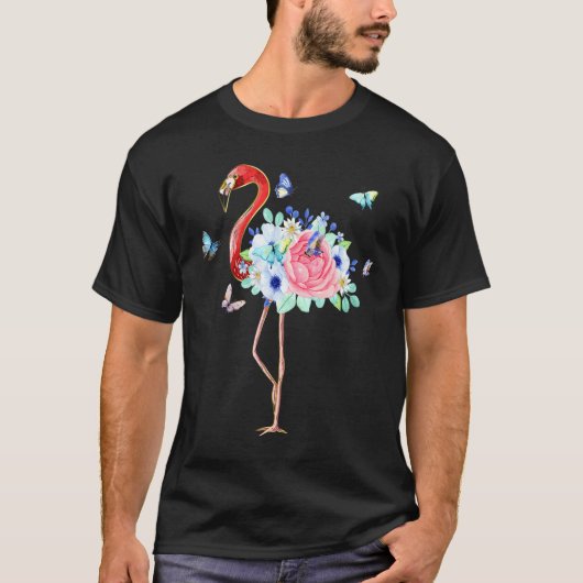 可愛いフラミンゴ水彩花フローラバター Tシャツ (正面)