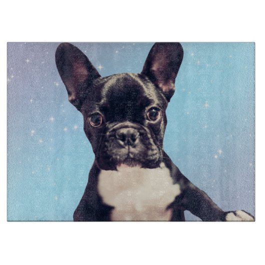 可愛いフランスのブルドッグの子犬の青いカッティングボード カッティングボード (正面)