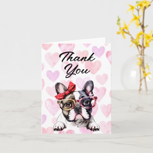 可愛いフランスのブルドッグの水彩色ありがとう カード (黄色い花)