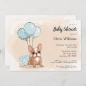 可愛いフランスのブルドッグアップ青いバルーン赤ちゃんシャワー 招待状 (正面/裏面)