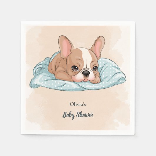 可愛いフランスのブルドッグアップ青い毛布ベビーシャワー スタンダードカクテルナプキン (正面)