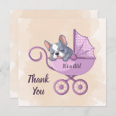 可愛いフランスのブルドッグパップピンクのベビーカー赤ちゃんシャワー サンキューカード (正面/裏面)