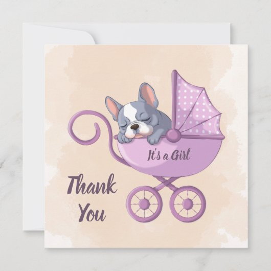 可愛いフランスのブルドッグパップピンクのベビーカー赤ちゃんシャワー サンキューカード (正面)