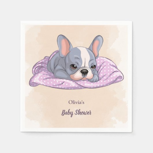 可愛いフランスのブルドッグパップピンク毛布ベビーシャワー スタンダードカクテルナプキン (正面)