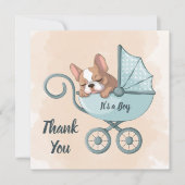 可愛いフランスのブルドッグパップブルーベビーカー赤ちゃんシャワー サンキューカード (正面)