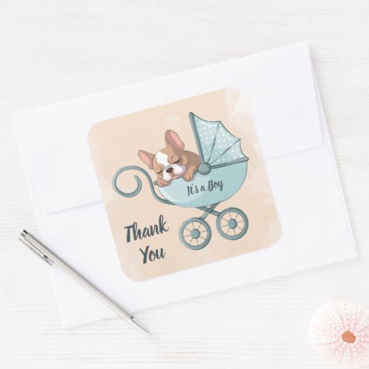 可愛いフランスのブルドッグパップブルーベビーカー赤ちゃんシャワー スクエアシール (封筒)