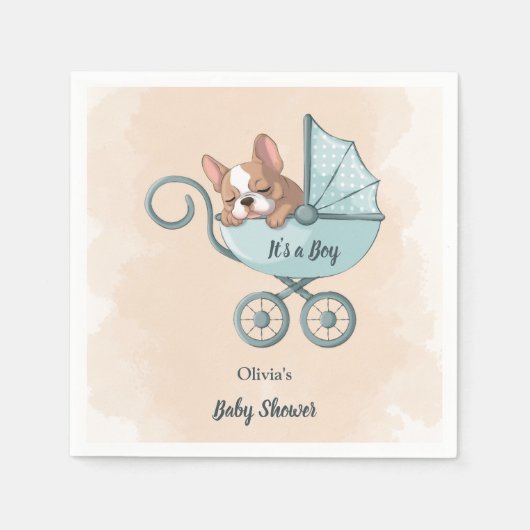 可愛いフランスのブルドッグパップブルーベビーカー赤ちゃんシャワー スタンダードカクテルナプキン (正面)