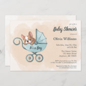 可愛いフランスのブルドッグパップブルーベビーカー赤ちゃんシャワー 招待状 (正面/裏面)