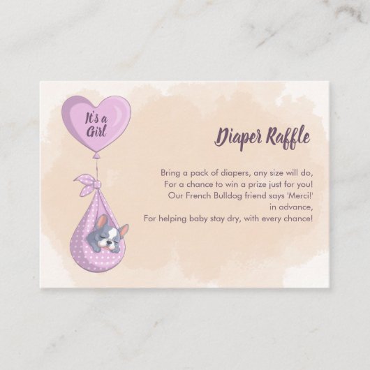 可愛いフランスのブルドッグパピーピンクハートおむつラッフル エンクロージャーカード (正面)