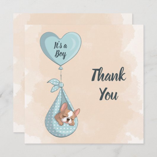 可愛いフランスのブルドッグパピーブルーハート赤ちゃんシャワー サンキューカード (正面/裏面)