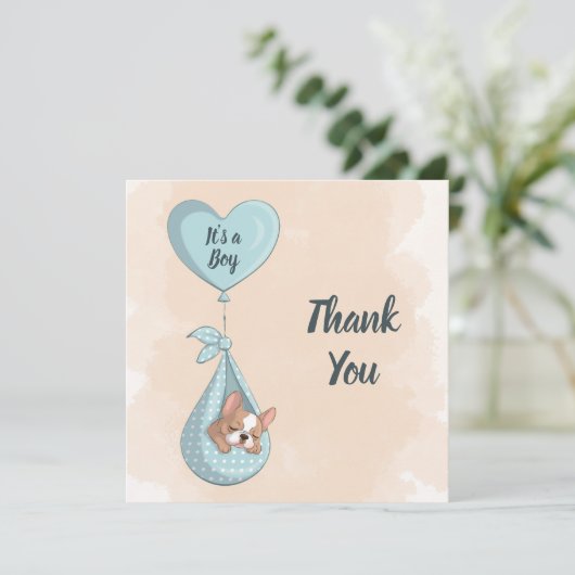 可愛いフランスのブルドッグパピーブルーハート赤ちゃんシャワー サンキューカード (スタンド正面)