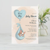 可愛いフランスのブルドッグパピーブルーハート赤ちゃんシャワー 招待状 (スタンド正面)