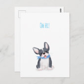 可愛いフランスのブルドッグ子犬の絵葉書「おおーこんにちは！ ポストカード (正面/裏面)