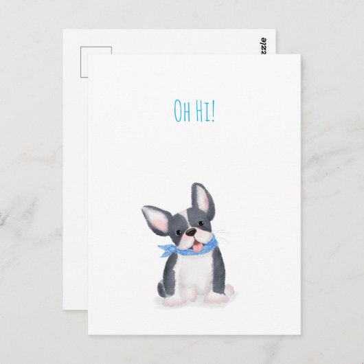 可愛いフランスのブルドッグ子犬の絵葉書「おおーこんにちは！ ポストカード (正面/裏面)