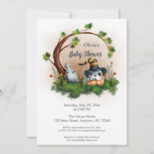 可愛いフランスのブルドッグ子犬ハロウィーン赤ちゃんシャワー 招待状 (正面)