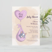 可愛いフランスのブルドッグ子犬ピンクハート赤ちゃんシャワー 招待状 (スタンド正面)