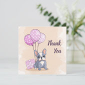 可愛いフランスのブルドッグ子犬ピンクバルーンベビーシャワー サンキューカード (スタンド正面)