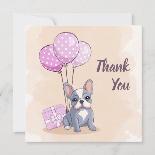可愛いフランスのブルドッグ子犬ピンクバルーンベビーシャワー サンキューカード (正面)