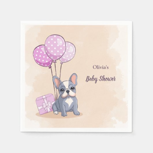 可愛いフランスのブルドッグ子犬ピンクバルーンベビーシャワー スタンダードカクテルナプキン (正面)